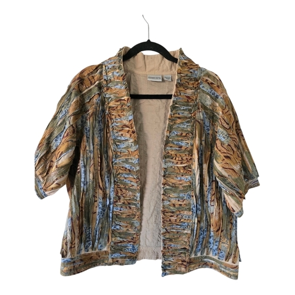 Art To Wear Chicos Jacket Women Sz L  Brown Blue Mixed Print Open Short Sleeve - Picture 1 of 13